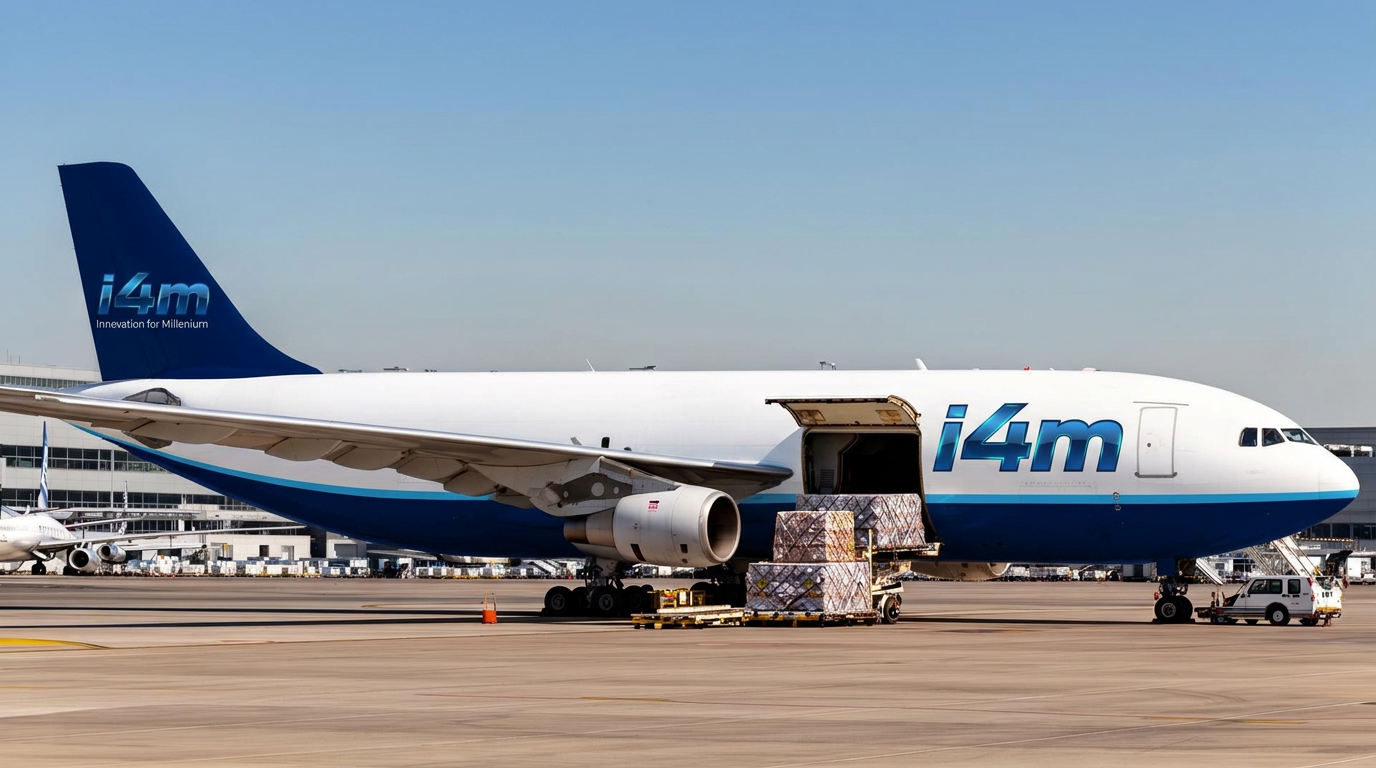 Illustration IA d’un A300F aux couleurs fictives d’i4M au sol, porte cargo ouverte pendant le chargement de palettes